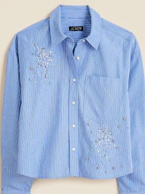 J. Crew Light Blue Pinstripe Étienne cropped button-up shirt with embellishments
